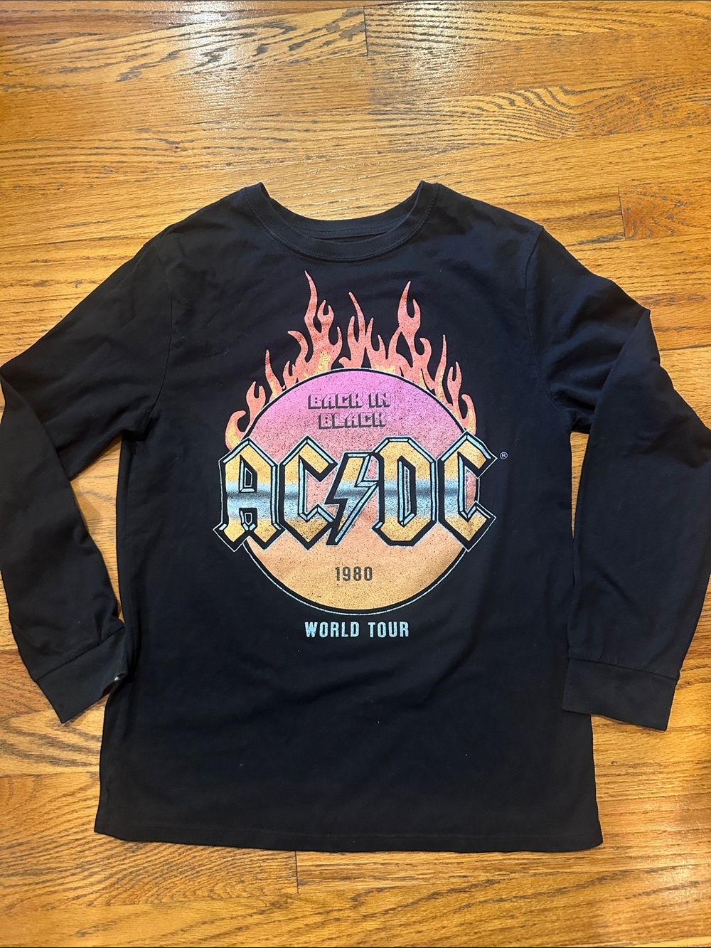 AC/DC Kids Long Sleeve Graphic Tee Black Pink Orange Flame Logo Shirt